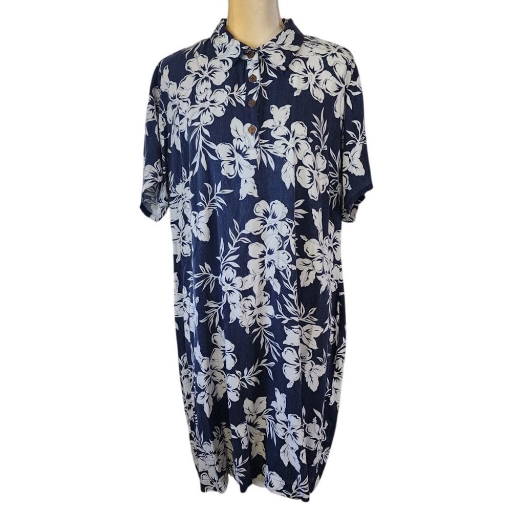 Caribbean Joe Hawaiian Blue White Tropical Short Sleeve Dress Plus Size 1X